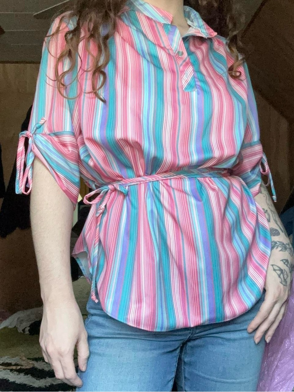 Allana of New York Bright Striped Wrap Waist Tie Half Sleeve Collared Blouse